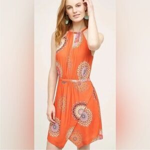 Anthropologie Floreat Orange Floral Printed Halter Mini Dress
